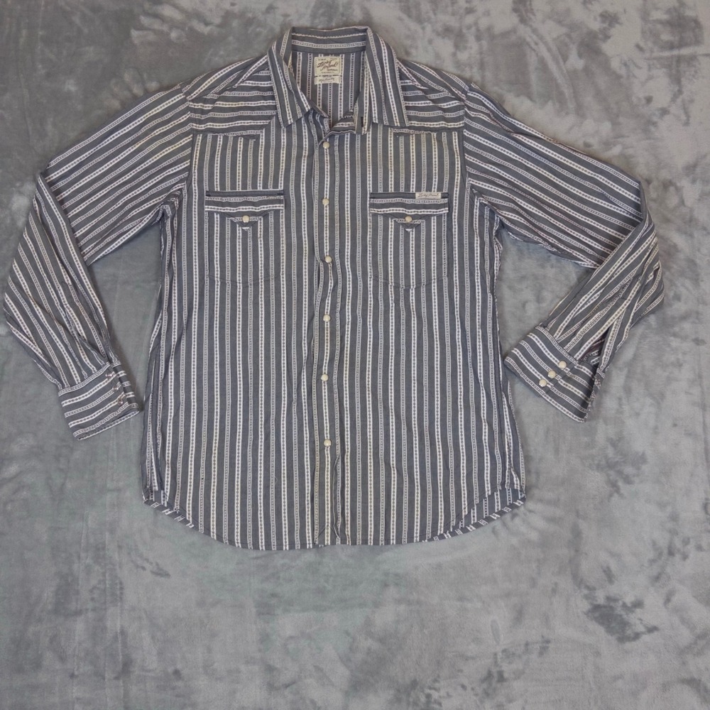 Lucky Brand Western Shirt Mens Medium Grey Striped Pearl Snap Cotton Long Sleeve